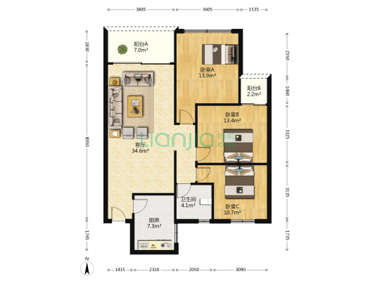 正佳小区 3室1厅1卫 117平方