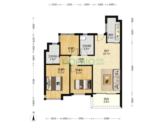 大华东郡府 3室1厅2卫 88平方
