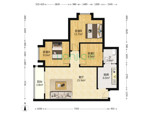 锦龙花园 3室1厅1卫 75平方