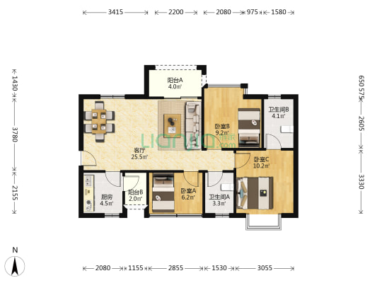 钜隆君尚花园 3室1厅2卫 86平方