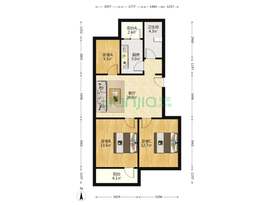 储备局宿舍 3室1厅1卫 78平方