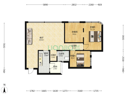 寰宇时代璟悦 2室1厅1卫 86平方