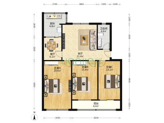 法院住宅小區 3室2厅1卫 115平方
