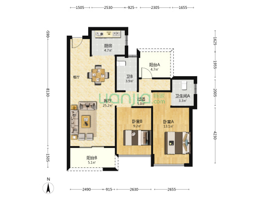 广银大都会 2室1厅2卫 91平方