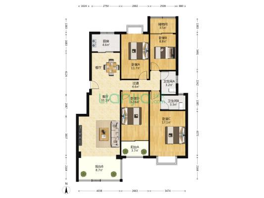 东海山庄 4室1厅2卫 126平方