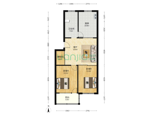 百姓家园 2室1厅1卫 88平方