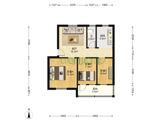 华南理工大学宿舍西二区 3室1厅1卫 66平方