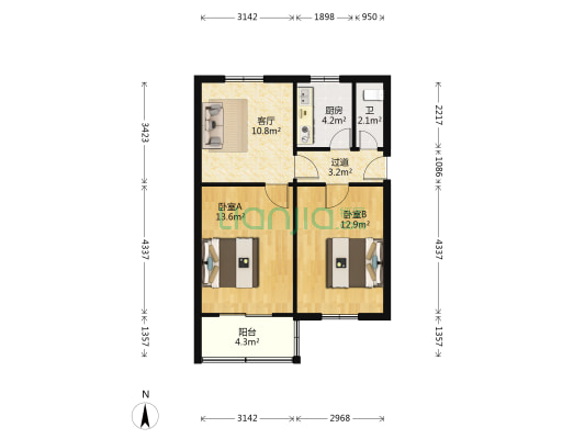 面粉厂家属院 2室1厅1卫 66平方