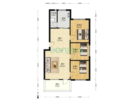 第三人民医院家属区 3室2厅1卫 94平方