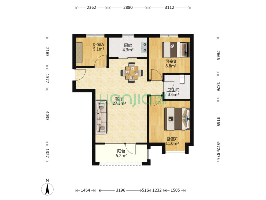 首开·国风悦都 3室1厅1卫 95平方