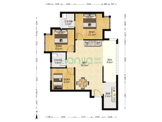世代凯悦 3室1厅2卫 90平方