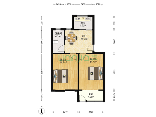新德三村 2室1厅1卫 62平方