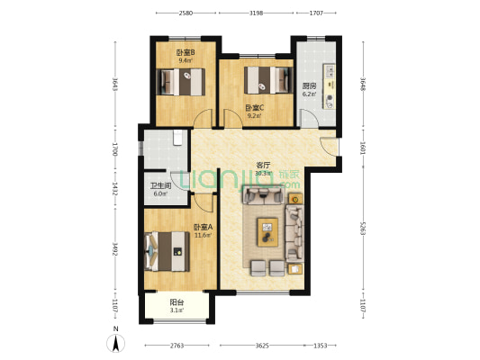 安联水晶坊 3室1厅1卫 112平方