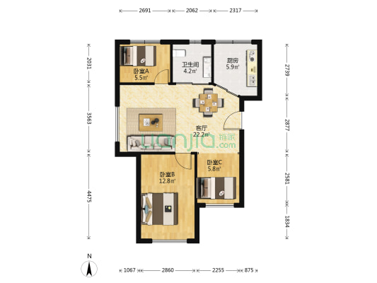 金领地 3室1厅1卫 86平方