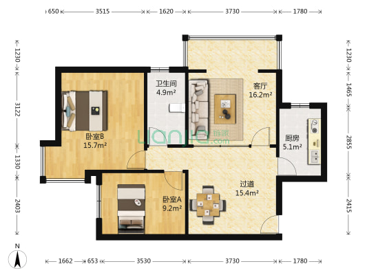 蘭亭雅居 2室1厅1卫 88平方