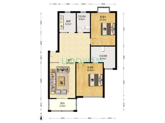 胜利新村 2室1厅2卫 104平方