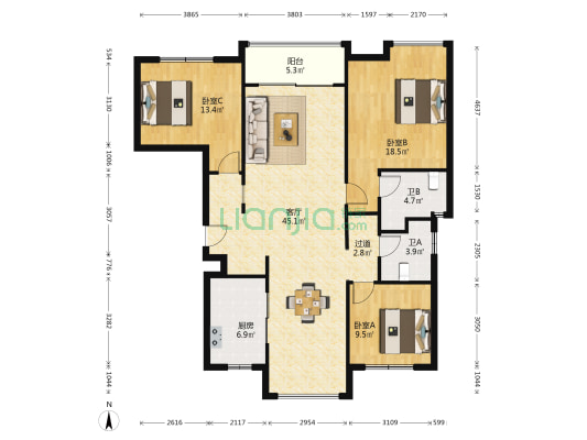 富贝名门 3室1厅2卫 143平方