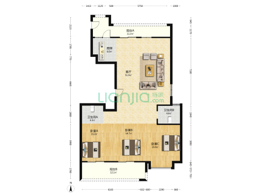 华利景苑 3室1厅2卫 161平方