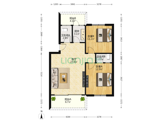宝丽花园 2室1厅2卫 81平方