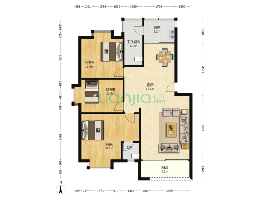成业苑 3室1厅2卫 119平方