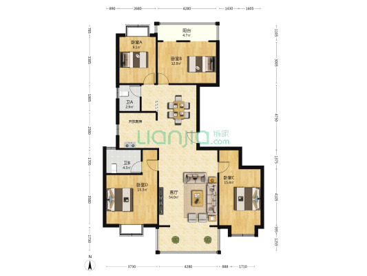 璟睿小区 4室1厅2卫 165平方