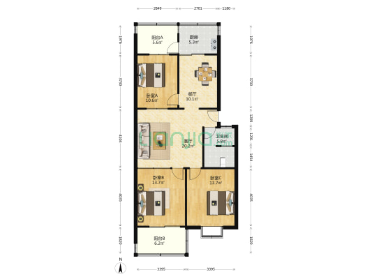 山东经济学院教工宿舍 3室2厅1卫 105平方