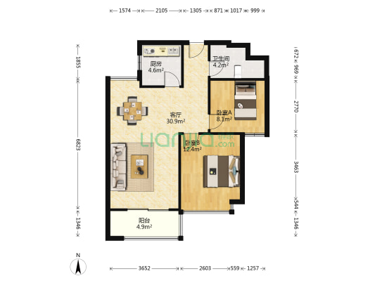 恒大御景湾一期 2室1厅1卫 86平方