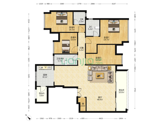 星悦礼玉金湾玉麟阁A区 4室1厅3卫 172平方
