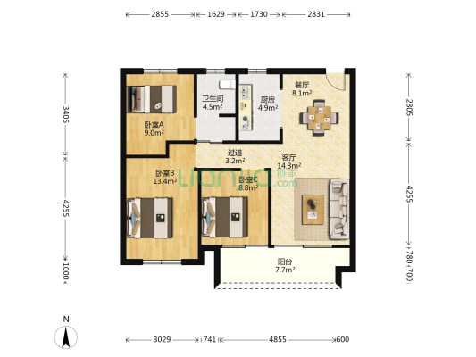 卓越悦宸铭苑 3室2厅1卫 93平方