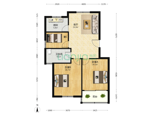 宫宵花园 3室1厅1卫 93平方