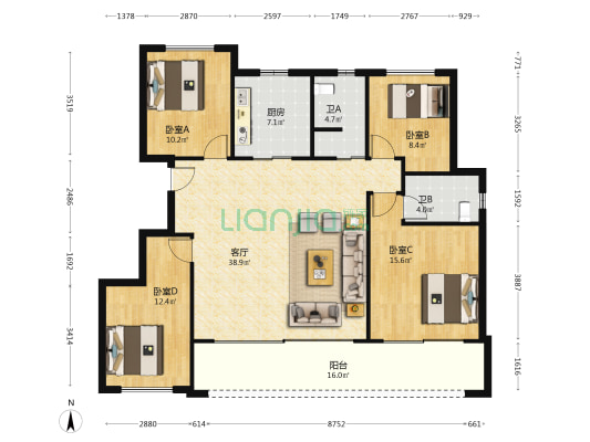 江来上府 4室1厅2卫 139平方