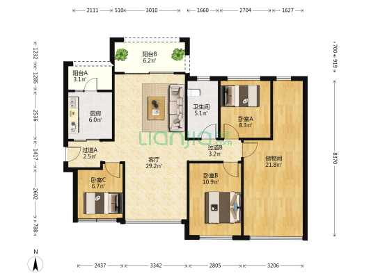东建世纪锦园 3室1厅1卫 119平方