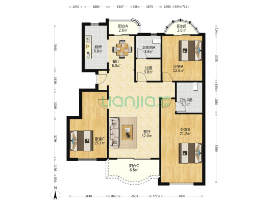 华南名苑 3室2厅2卫 143平方