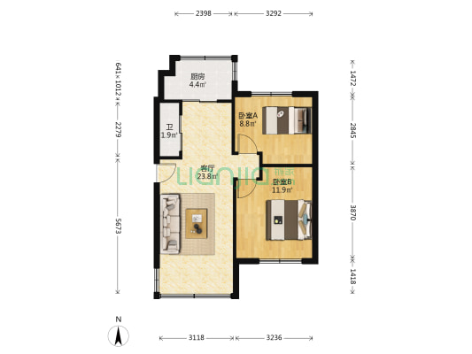 广州卫生厅大院 2室1厅1卫 57平方