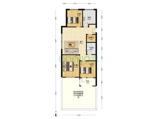 幸福物业 一定让你很幸福 孔雀城 带院子的三居室-户型图