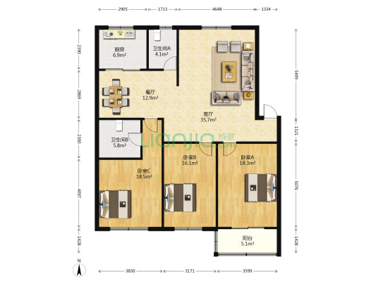 江东庭院东区 3室2厅2卫 140平方