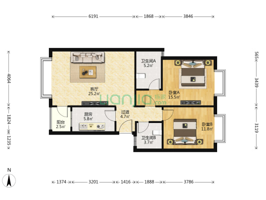 润生兰园 2室1厅2卫 93平方