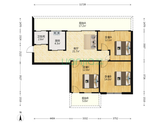 井大路中医院宿舍 3室1厅1卫 85平方