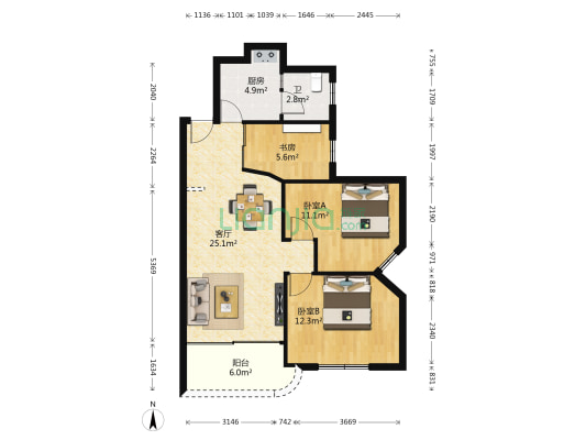 紫荆小区 3室1厅1卫 80平方