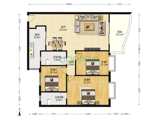 红雨花园 3室1厅2卫 130平方