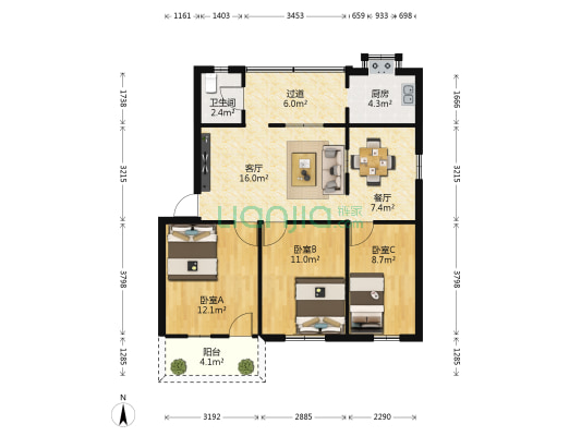 万力南小区 3室2厅1卫 93平方