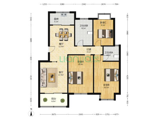 北虹小区佳鱼苑 3室2厅2卫 119平方