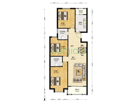 大华公园世家康华苑一期 3室1厅2卫 134平方