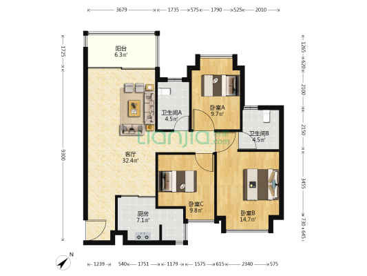 恒大文化旅游城7组团 3室1厅2卫 116平方