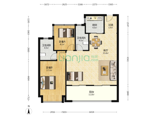 保利中交越秀天珺 2室1厅2卫 122平方