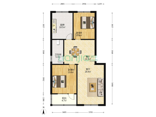芳华苑小区 2室2厅1卫 106平方