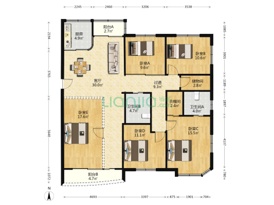 国大广场 5室1厅2卫 154平方