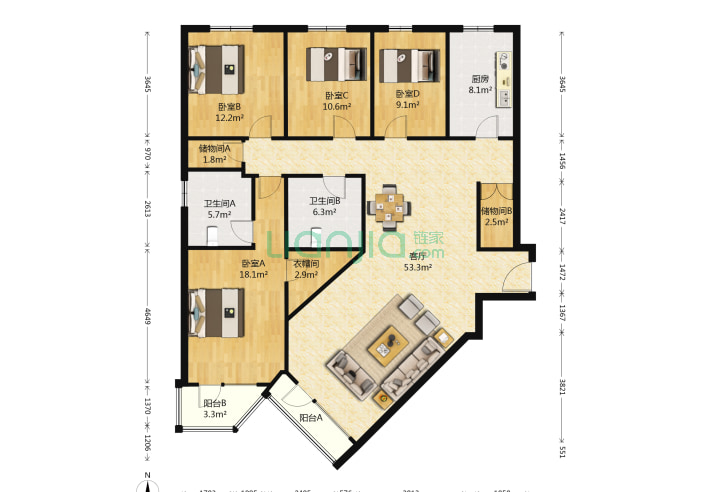 4室1厅2卫181.36㎡-北京风林绿洲户型图