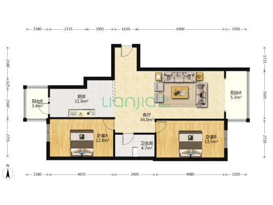 和苑 2室1厅1卫 110平方