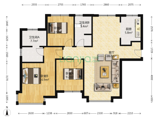 新城吾悦广场 3室1厅2卫 126平方